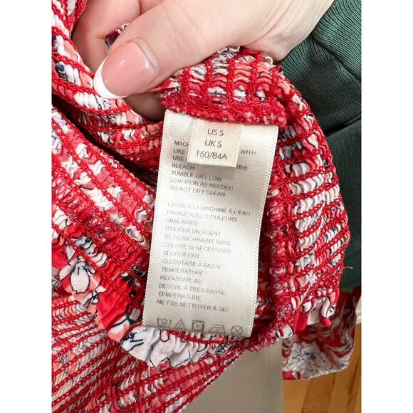 Free People East West Smocked Red Criss Cross Top Small Red Floral Bell Sleeve - Picture 8 of 8